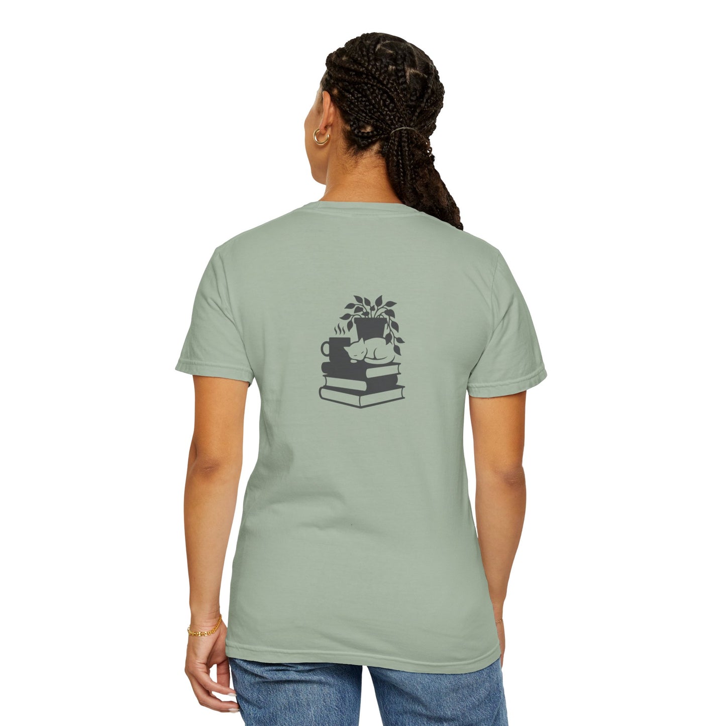 Cozy Cat on Books T-Shirt | Reading Tea Stack Illustration