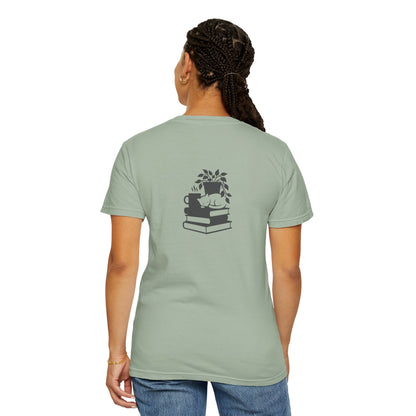 Cozy Cat on Books T-Shirt | Reading Tea Stack Illustration