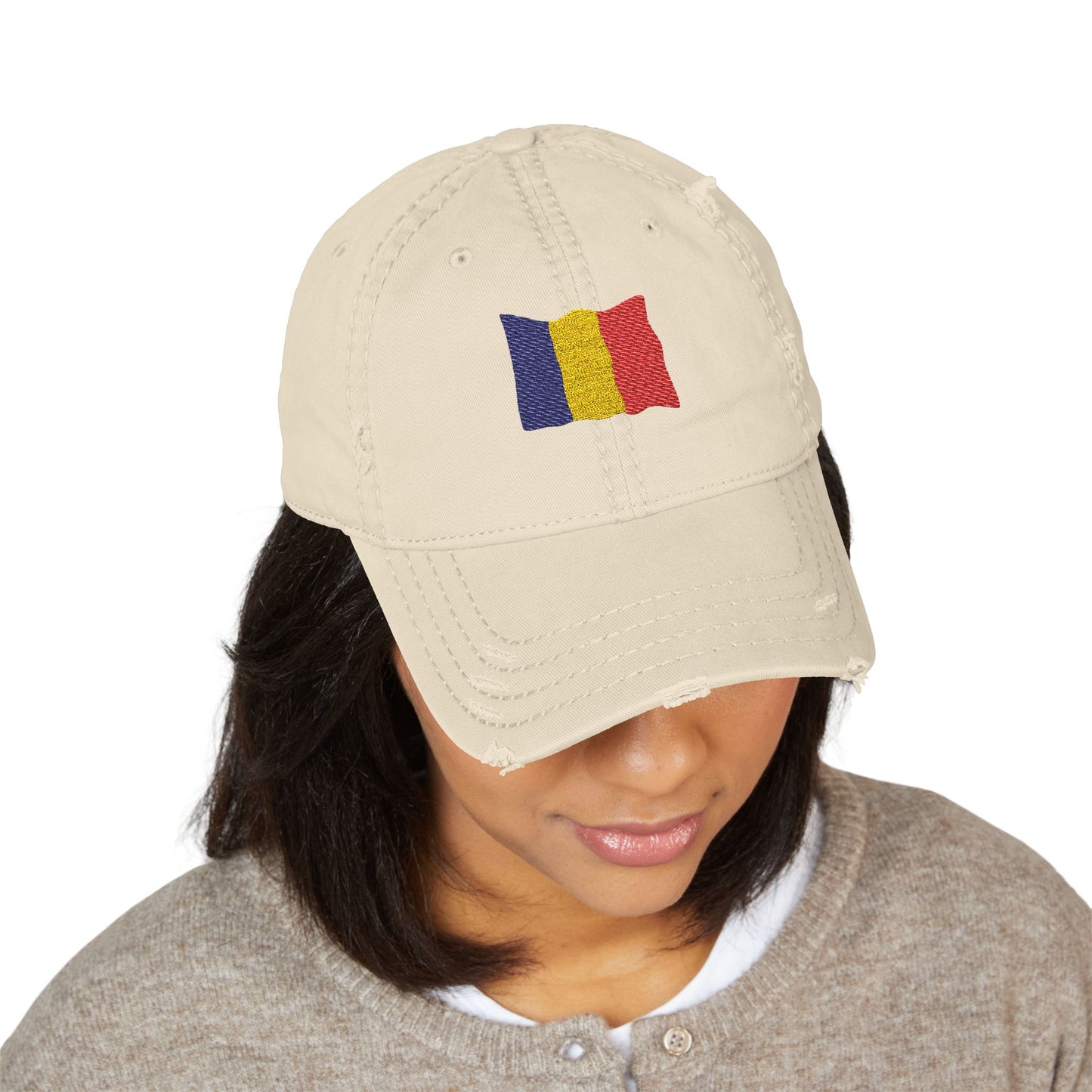 Stylish Distressed Dad Hat with Embroidered Romanian Flag, Casual Cap, Great Gift for Dads, Unisex Baseball Hat, Perfect for Summer Outings - TRV