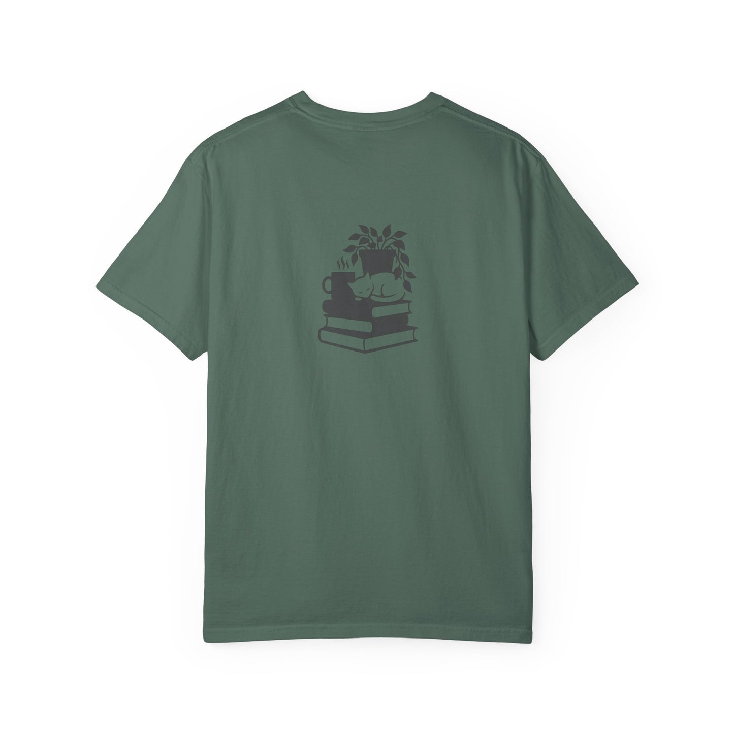 Cozy Cat on Books T-Shirt | Reading Tea Stack Illustration