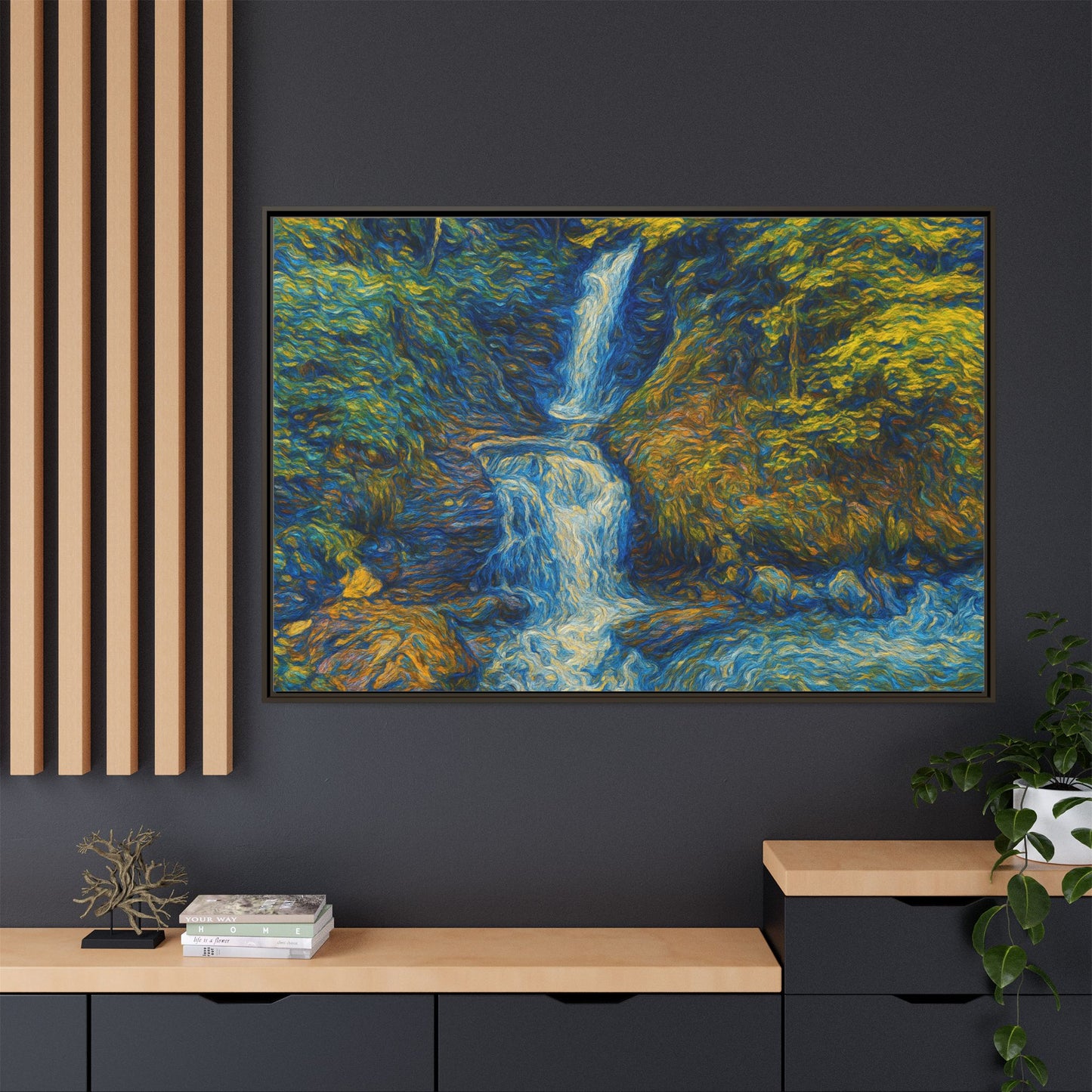Framed Canvas Art, Majestic Van Gogh Style Waterfall Landscape Wall Decor, Nature Lover Gift, Home Office Artwork, Living Room Decoration - TRV