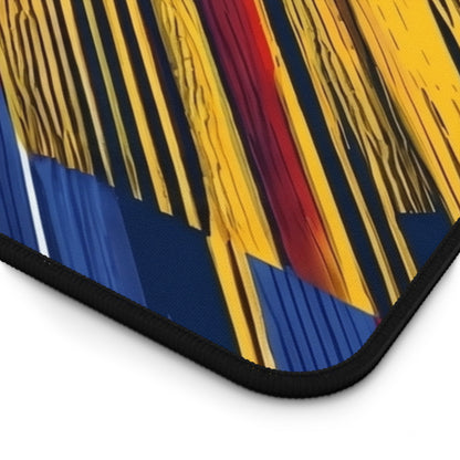 Colorful abstract flag brushstroke desk mat with red, yellow, and blue tones, ideal for gaming or office use.