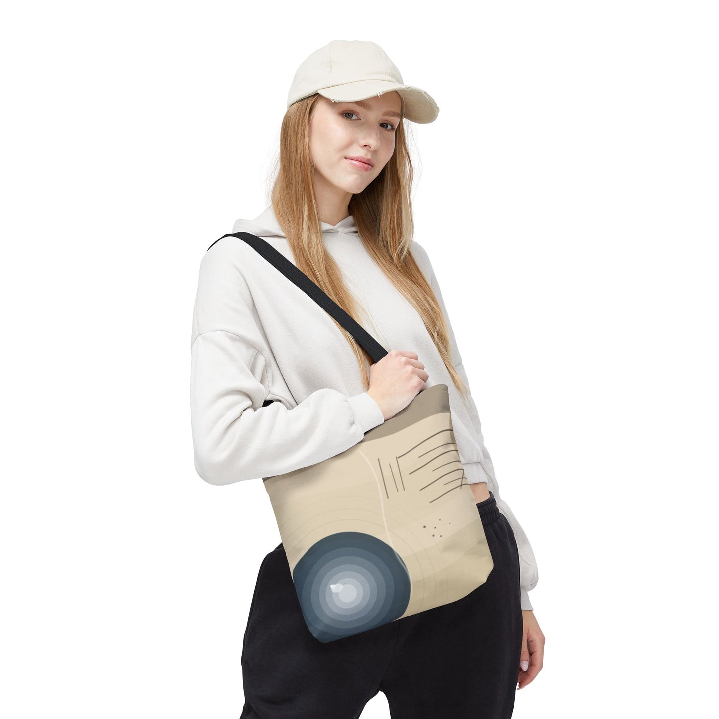 Abstract neutral waves tote bag featuring a geometric circle pattern, made by Printify, with a stylish and spacious design.