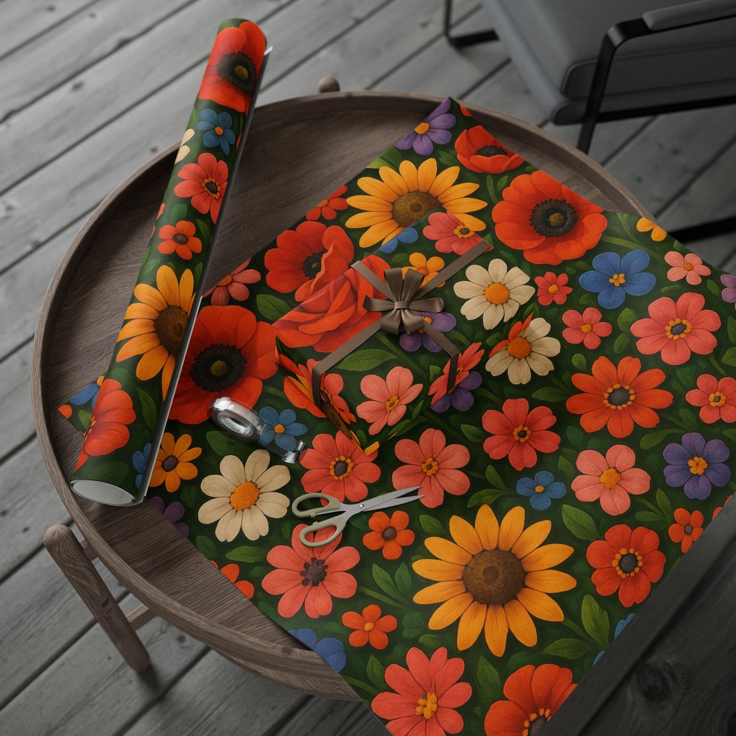 Floral Folk Art Wrapping Paper Roll — Bright Vintage Flower Gift Wrap