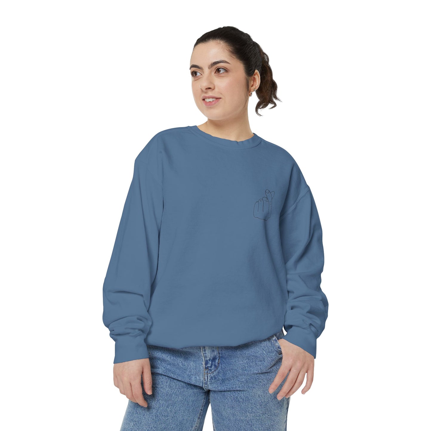 Minimalist Peace Hand Sweatshirt — Small Chest Line Art Crewneck