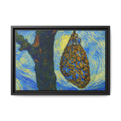 Framed Matte Canvas Art — Van Gogh-Style Swirling Night with Hanging Beehive