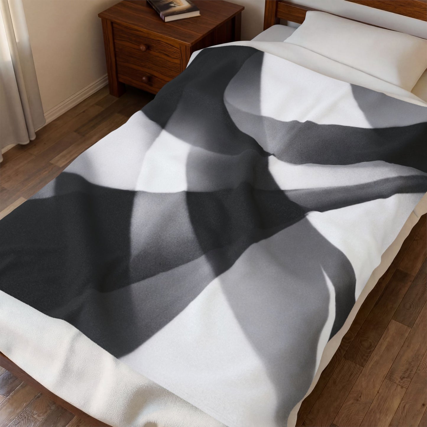 Black smoke abstract design velveteen plush blanket with monochrome swirl pattern, soft all-over print by Printify.