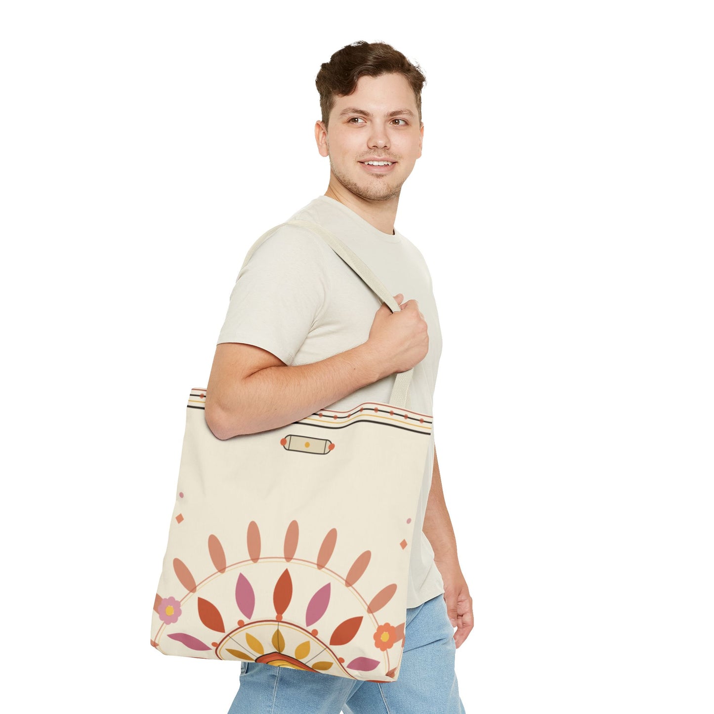 Boho Floral Mandala Tote Bag | Pastel Sunburst Pattern