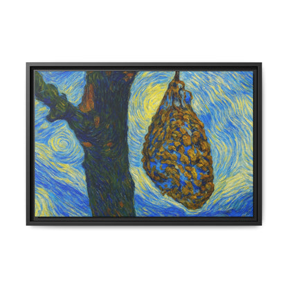 Framed Matte Canvas Art — Van Gogh-Style Swirling Night with Hanging Beehive