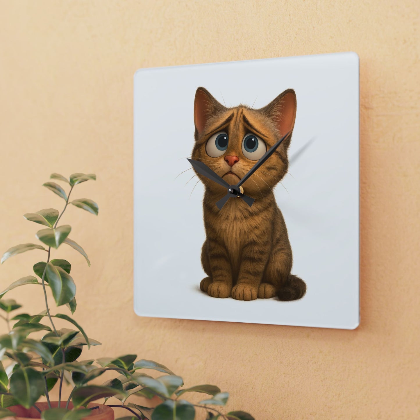 Sad Cartoon Kitten Acrylic Wall Clock – Cute Nursery Cat Decor