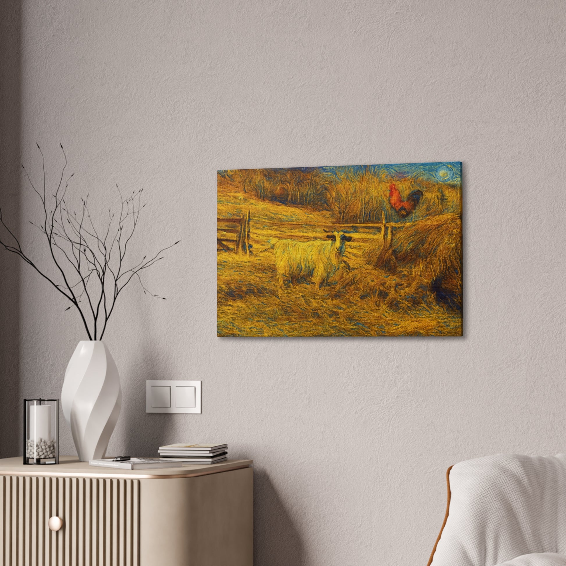 Farmhouse Canvas Wall Art - Rustic Animal Decor, Goat and Rooster Painting, Country Home, Farmhouse Style, Gift for Farmers - TRV