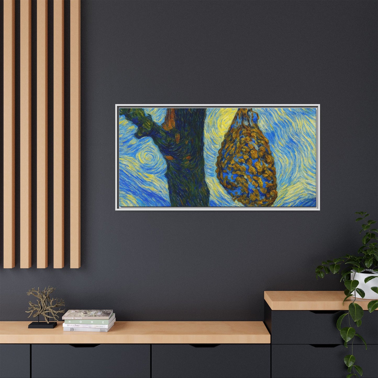 Framed Matte Canvas Art — Van Gogh-Style Swirling Night with Hanging Beehive