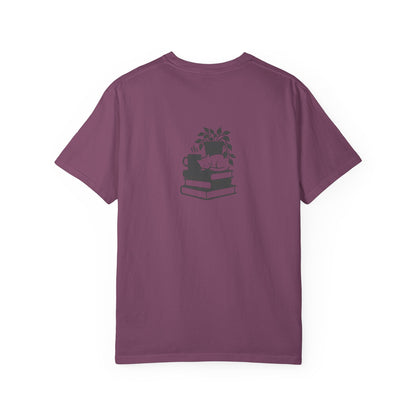 Cozy Cat on Books T-Shirt | Reading Tea Stack Illustration