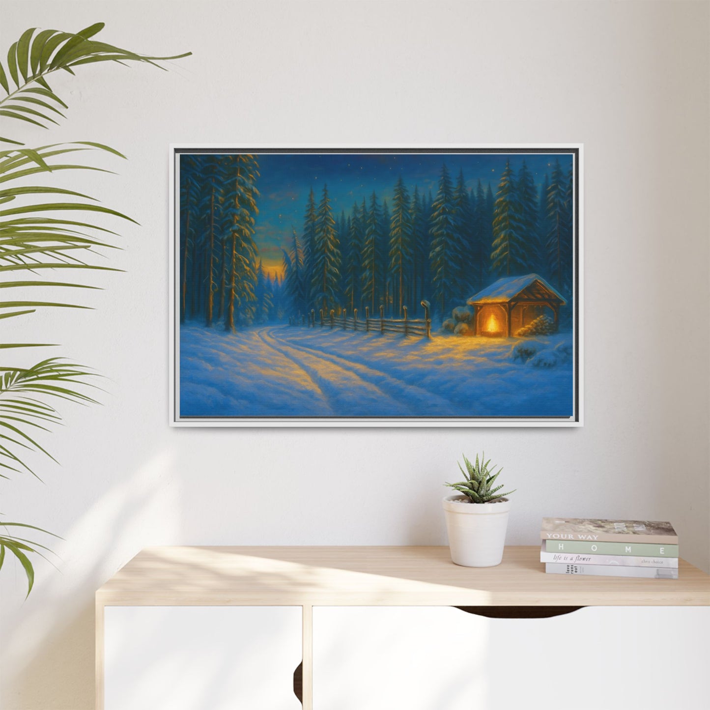 Framed Winter Landscape Canvas, Cozy Cabin Art, Christmas Decor, Winter Home Decor, Holiday Gift, Wall Art - TRV