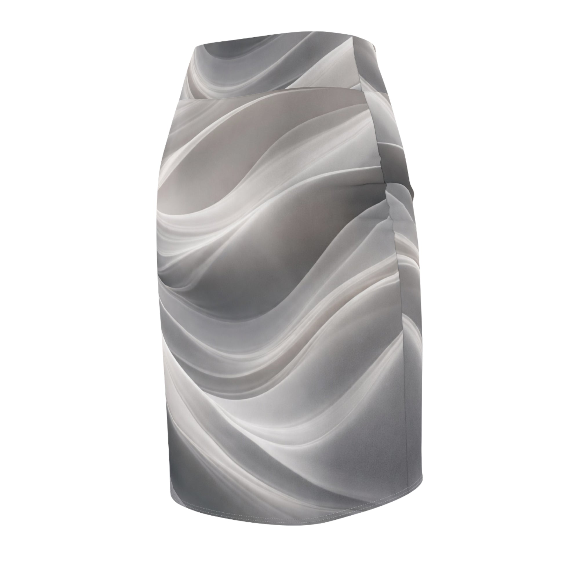 Abstract gray wave pattern pencil skirt with monochrome swirl design, featuring all-over print by Printify.