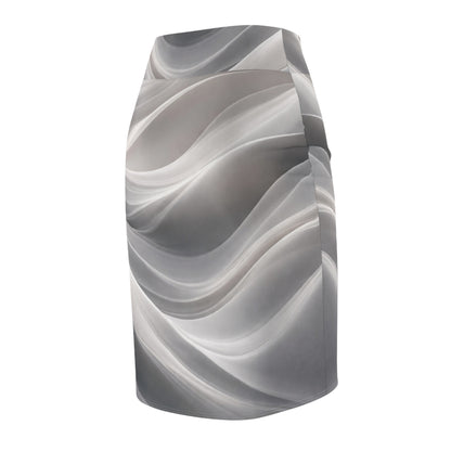 Abstract gray wave pattern pencil skirt with monochrome swirl design, featuring all-over print by Printify.