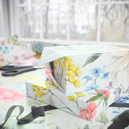 Floral Watercolor Wrapping Paper Roll — Pastel Flowers Gift Wrap for Mother's Day & Spring