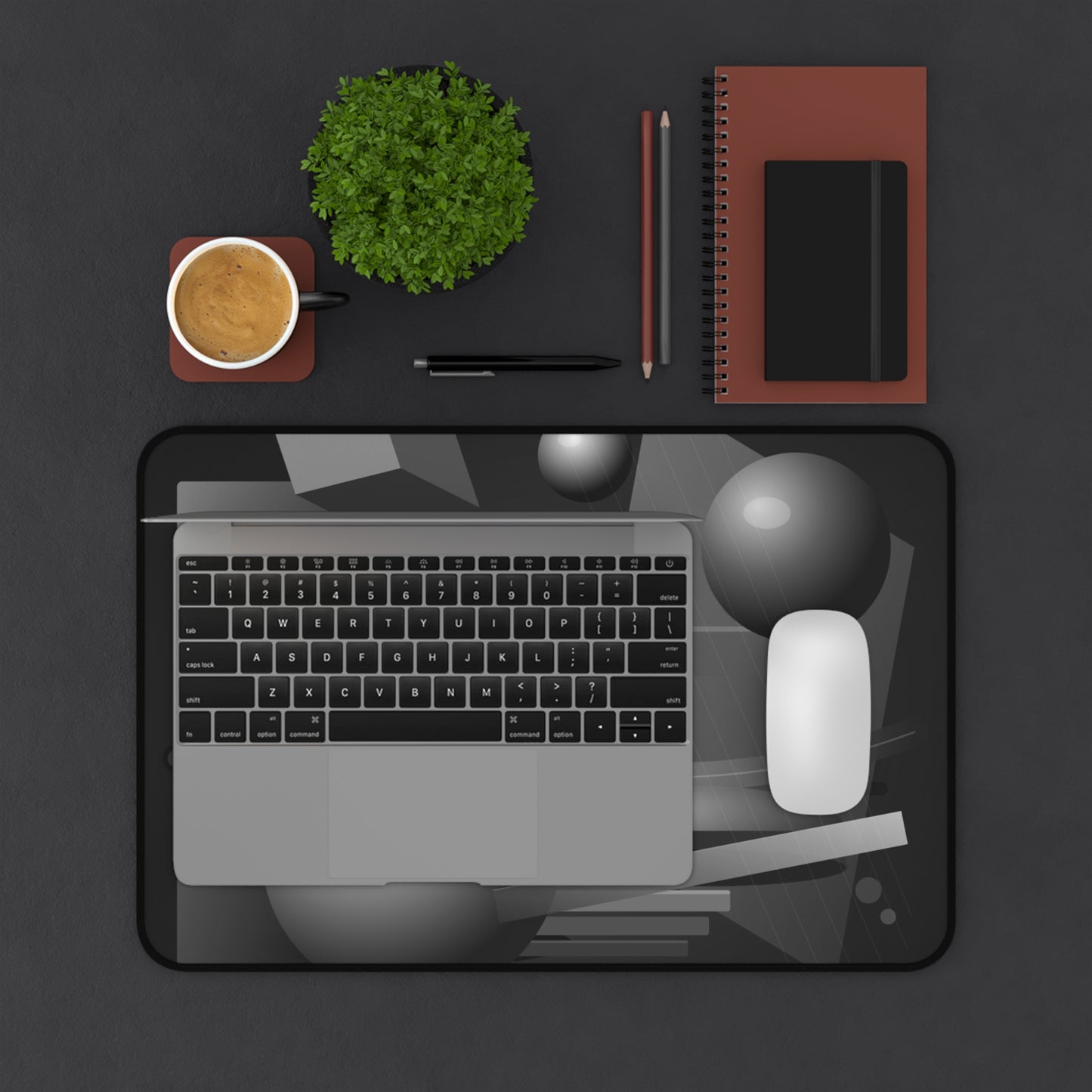 Monochrome Geometric Spheres Desk Mat | Abstract Grey Shapes Mouse Pad