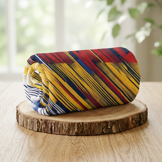 Abstract Striped Beach Towel — Bold Red, Yellow & Blue Summer Vibe