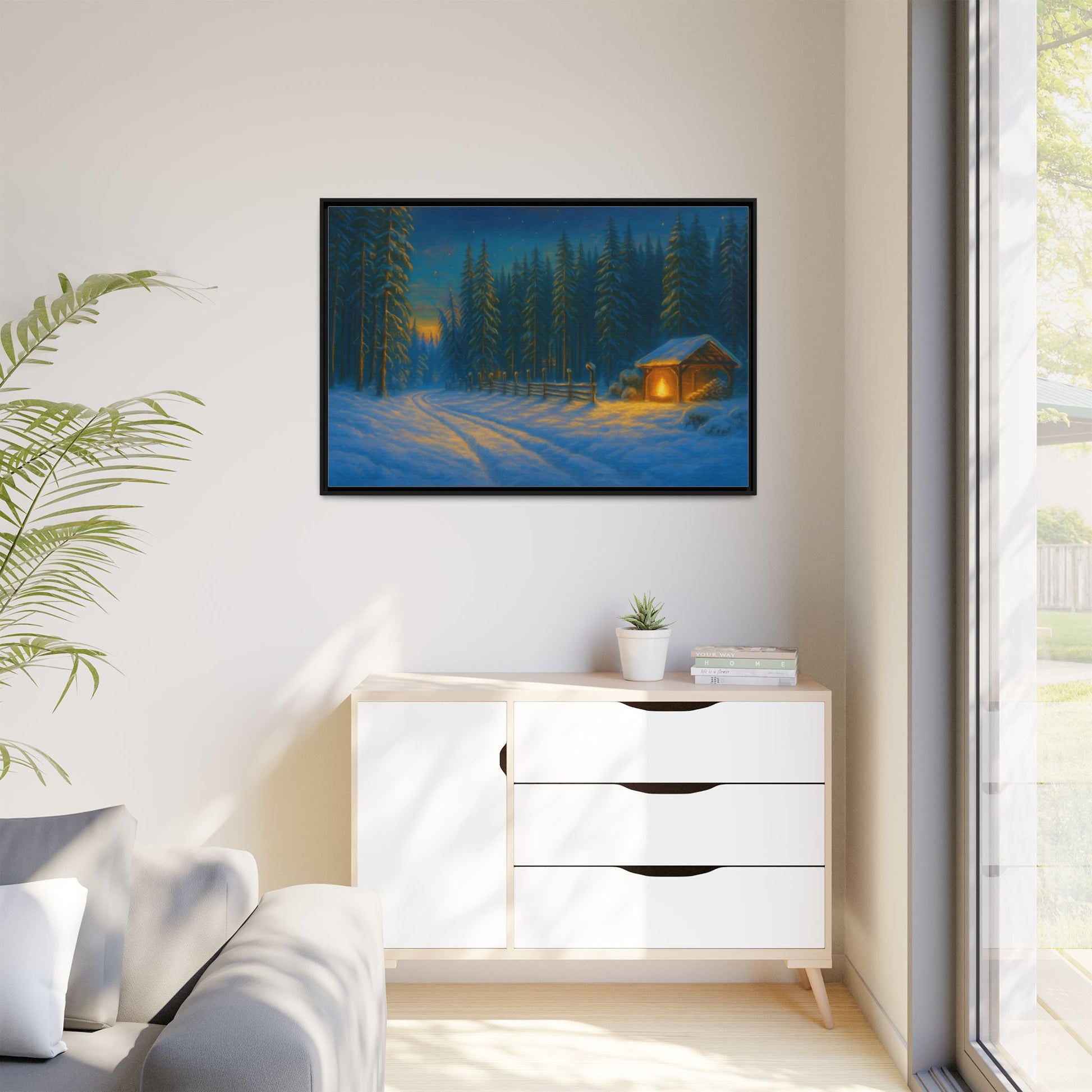 Framed Winter Landscape Canvas, Cozy Cabin Art, Christmas Decor, Winter Home Decor, Holiday Gift, Wall Art - TRV