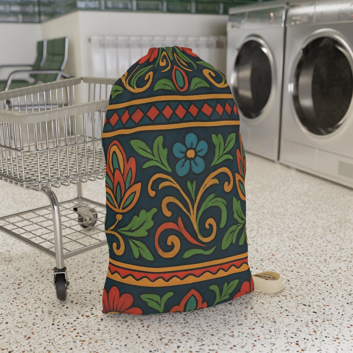 Folk Floral Pattern Laundry Bag | Boho Floral Drawstring Bag - TRV