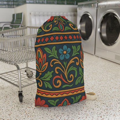 Folk Floral Pattern Laundry Bag | Boho Floral Drawstring Bag - TRV