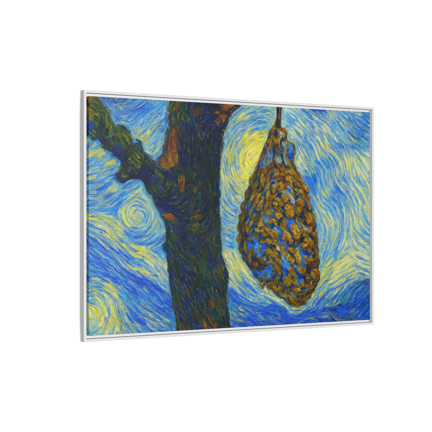 Framed Matte Canvas Art — Van Gogh-Style Swirling Night with Hanging Beehive