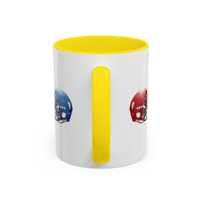 Football Helmet Coffee Mug — Red vs Blue Rivalry Accent Mug (11/15oz)