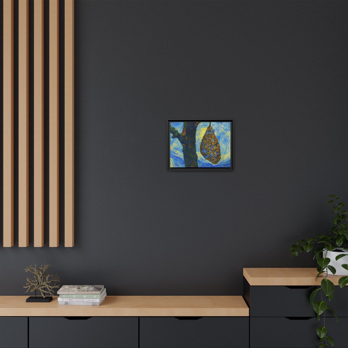 Framed Matte Canvas Art — Van Gogh-Style Swirling Night with Hanging Beehive