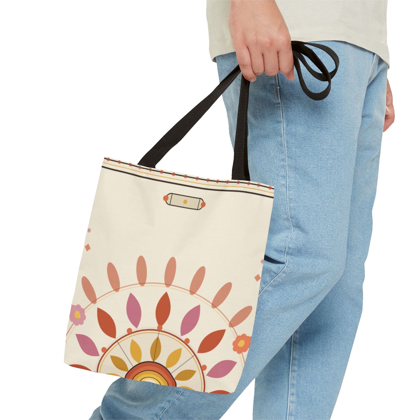 Boho Floral Mandala Tote Bag | Pastel Sunburst Pattern