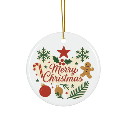 Merry Christmas Ceramic Ornament — Double-Sided Holiday Tree Decoration (Gingerbread & Candy Cane Design)