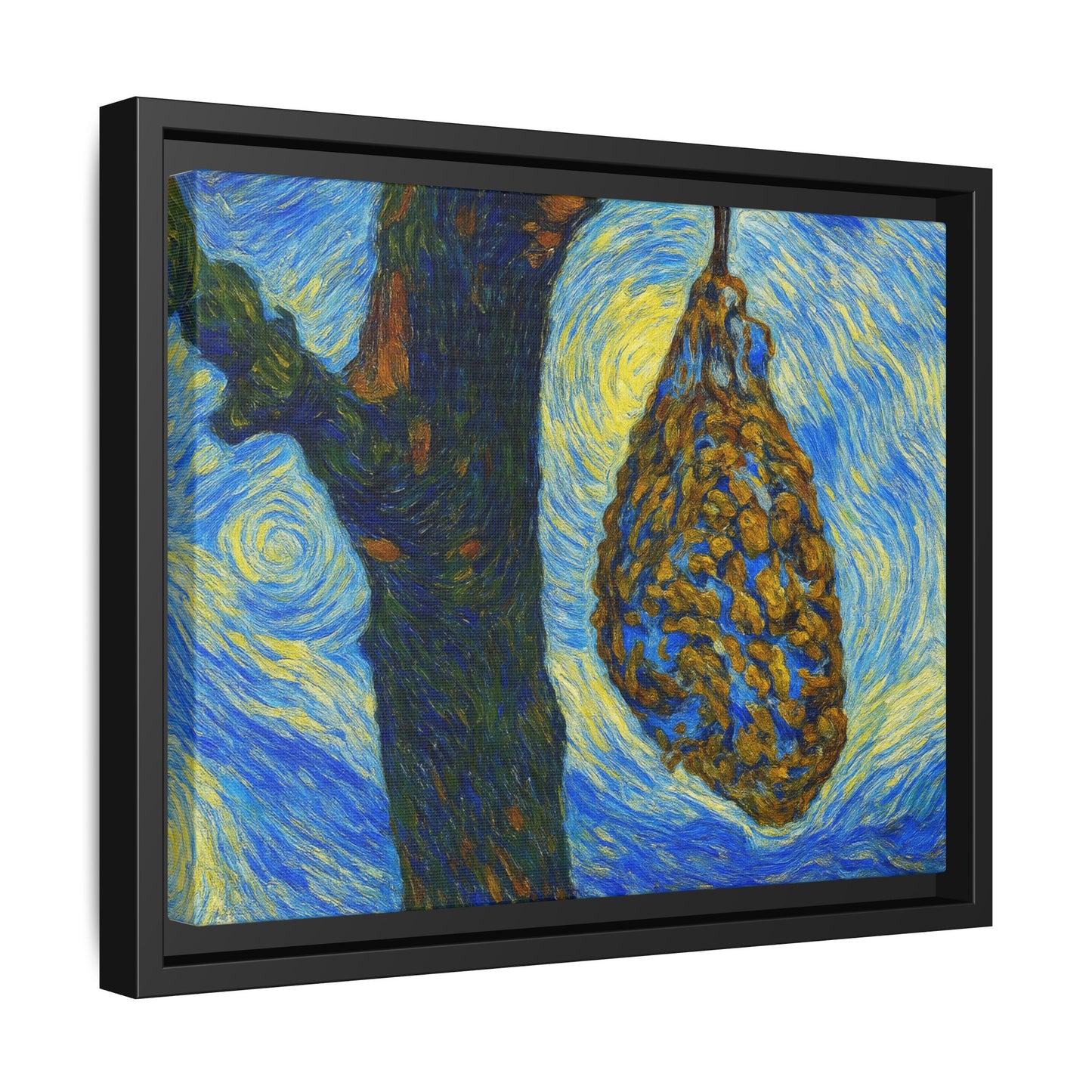 Framed Matte Canvas Art — Van Gogh-Style Swirling Night with Hanging Beehive