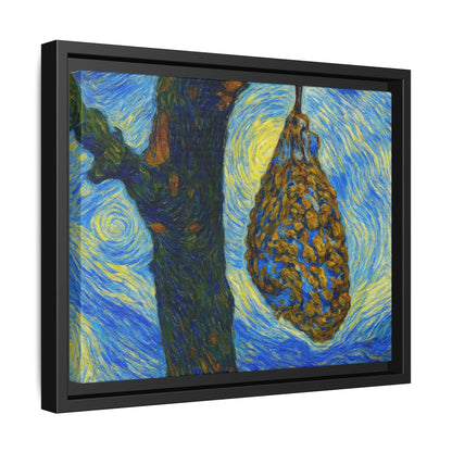 Framed Matte Canvas Art — Van Gogh-Style Swirling Night with Hanging Beehive