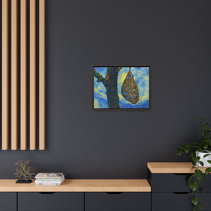 Framed Matte Canvas Art — Van Gogh-Style Swirling Night with Hanging Beehive