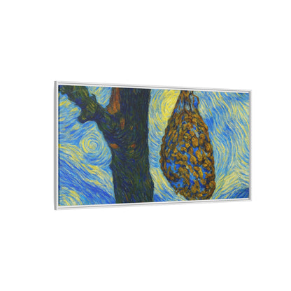 Framed Matte Canvas Art — Van Gogh-Style Swirling Night with Hanging Beehive