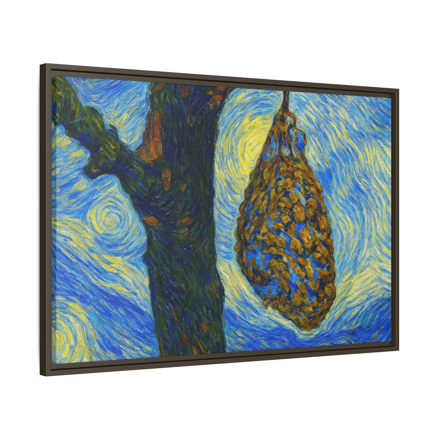 Framed Matte Canvas Art — Van Gogh-Style Swirling Night with Hanging Beehive