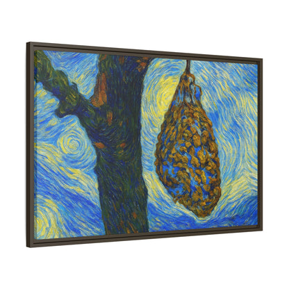 Framed Matte Canvas Art — Van Gogh-Style Swirling Night with Hanging Beehive