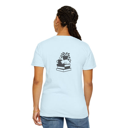 Cozy Cat on Books T-Shirt | Reading Tea Stack Illustration