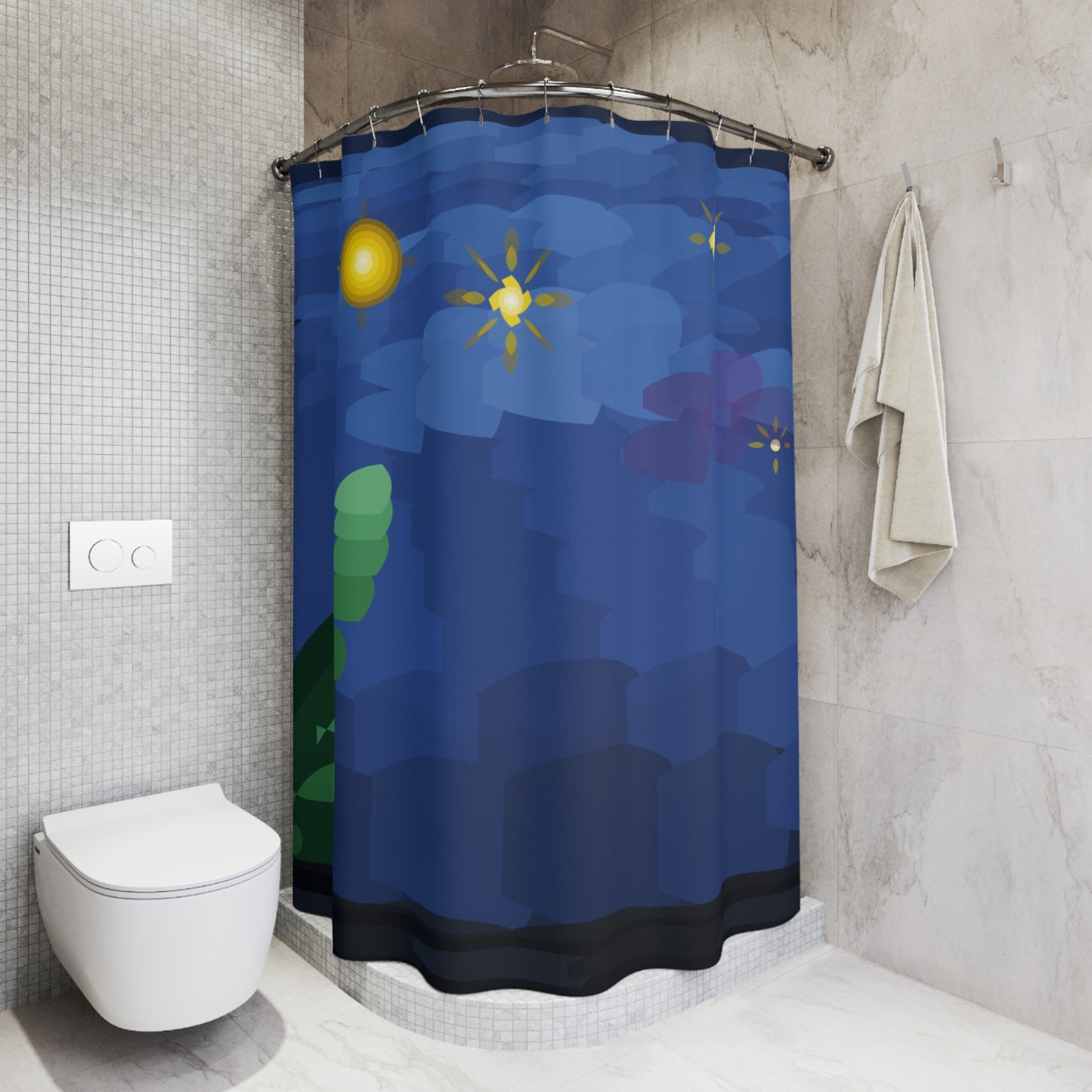 Starry Night Blue Shower Curtain | Nautical Ocean Waves Stars