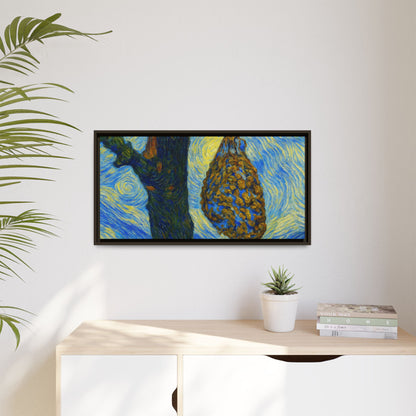 Framed Matte Canvas Art — Van Gogh-Style Swirling Night with Hanging Beehive