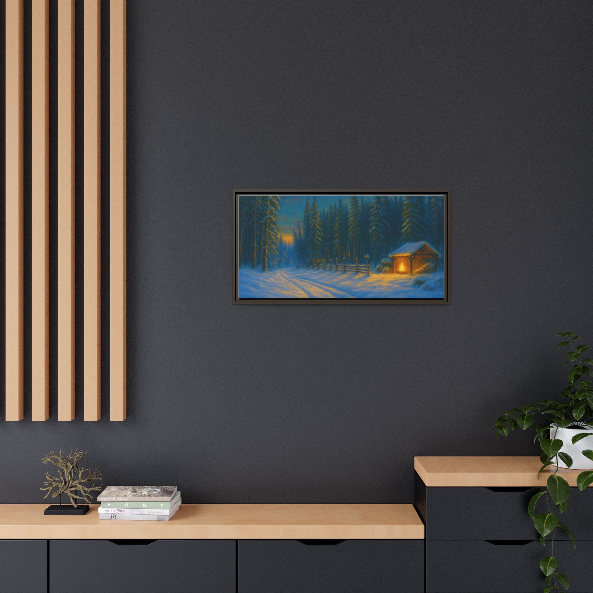Framed Winter Landscape Canvas, Cozy Cabin Art, Christmas Decor, Winter Home Decor, Holiday Gift, Wall Art - TRV