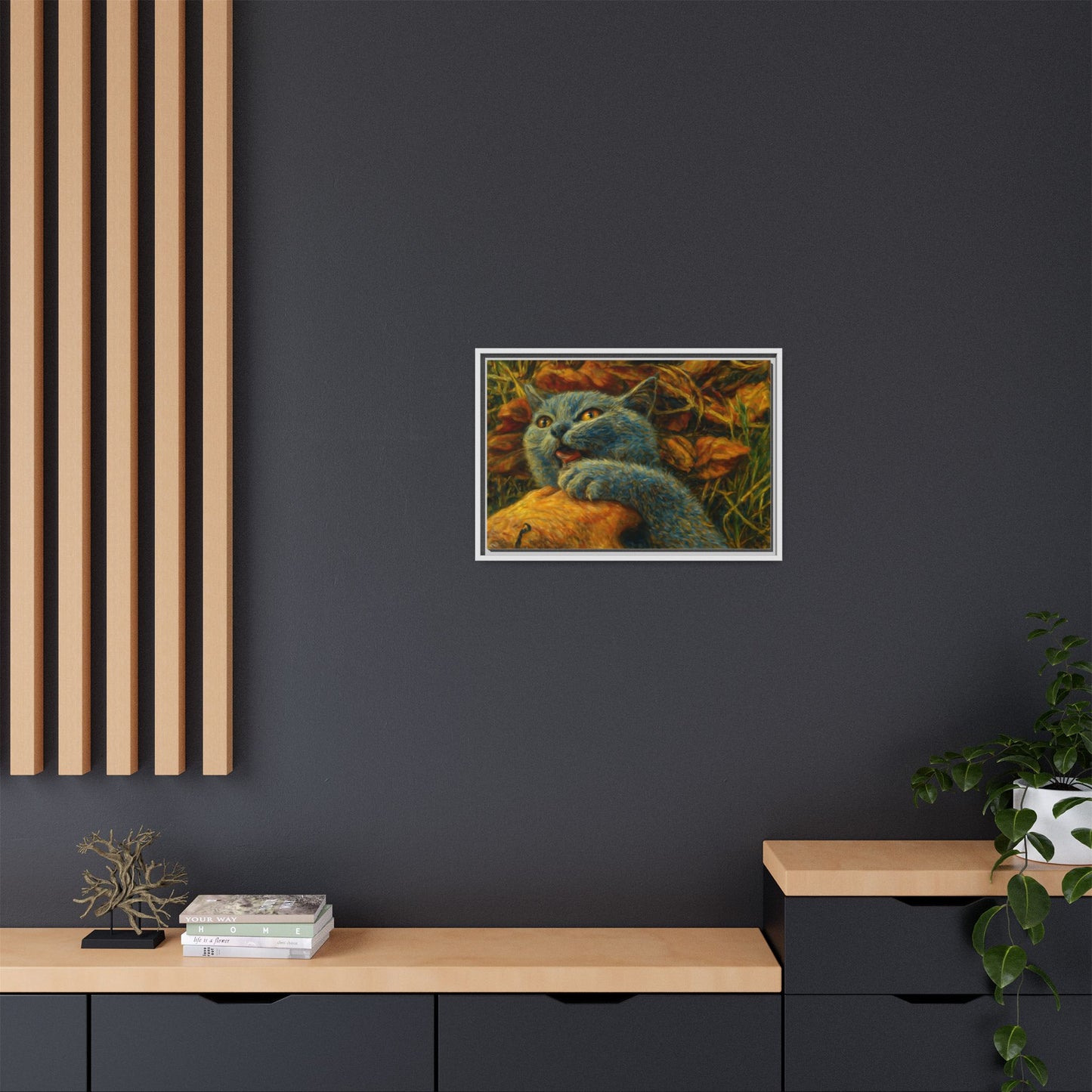 Whimsical Cat Wall Art, Blue Cat Framed Print, Colorful Canvas Decor, Pet Lover Gift, Funny Home Accent