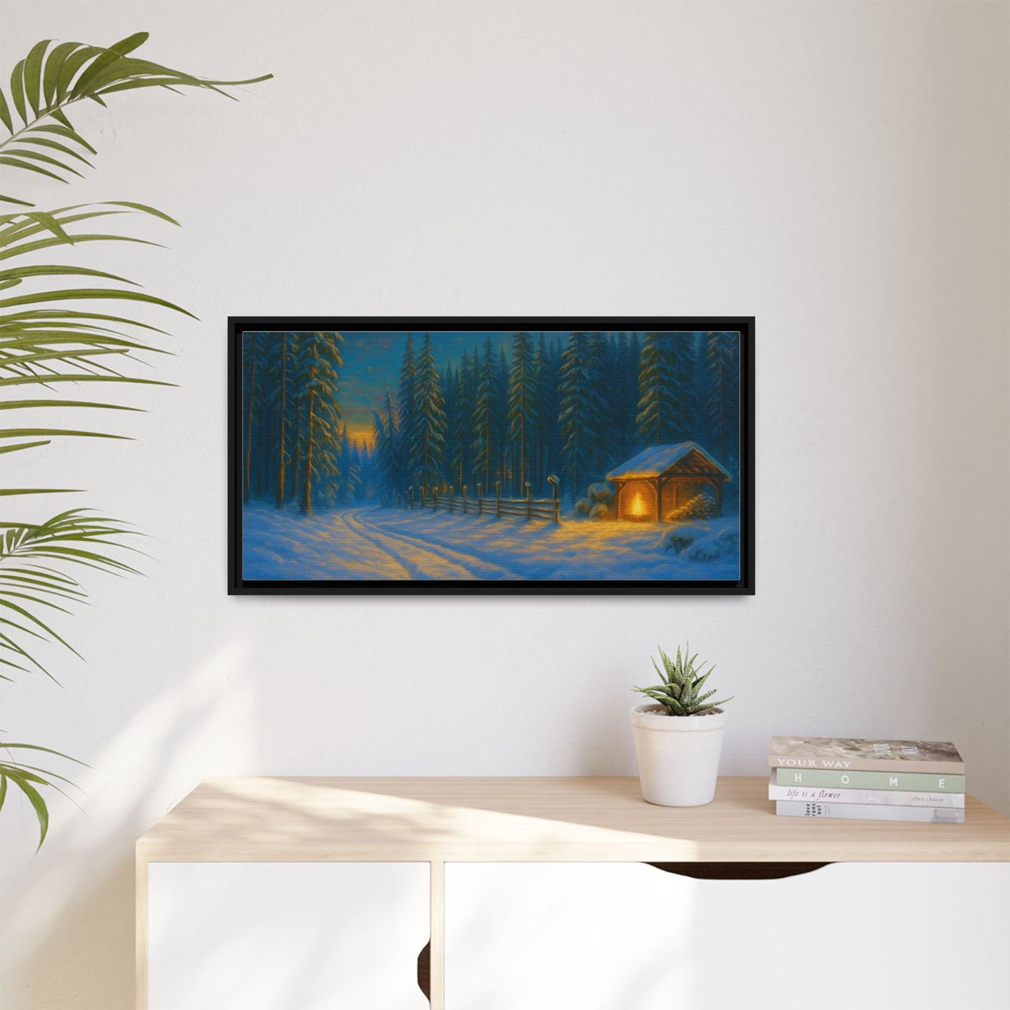 Framed Winter Landscape Canvas, Cozy Cabin Art, Christmas Decor, Winter Home Decor, Holiday Gift, Wall Art - TRV
