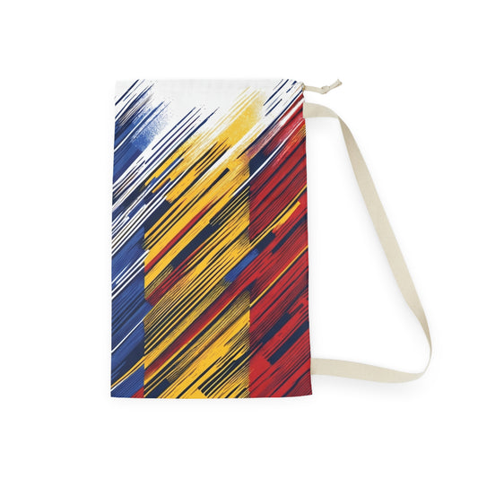 Colorful abstract brushstroke laundry bag by Printify, featuring red, yellow, and blue tote for dorms and travel.