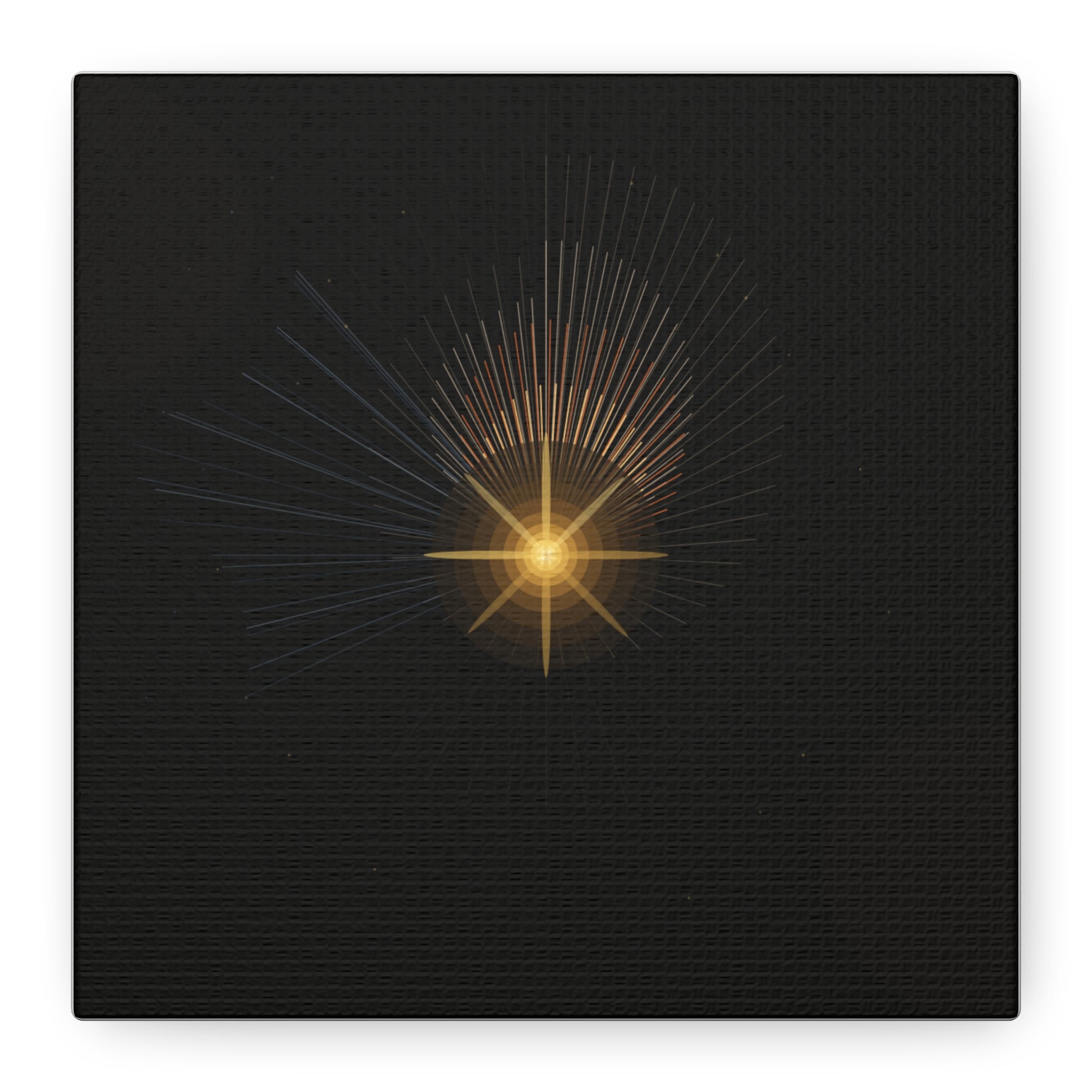 Abstract golden starburst canvas artwork featuring vibrant gold accents on a textured canvas surface.
