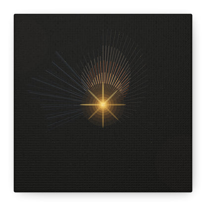 Abstract golden starburst canvas artwork featuring vibrant gold accents on a textured canvas surface.