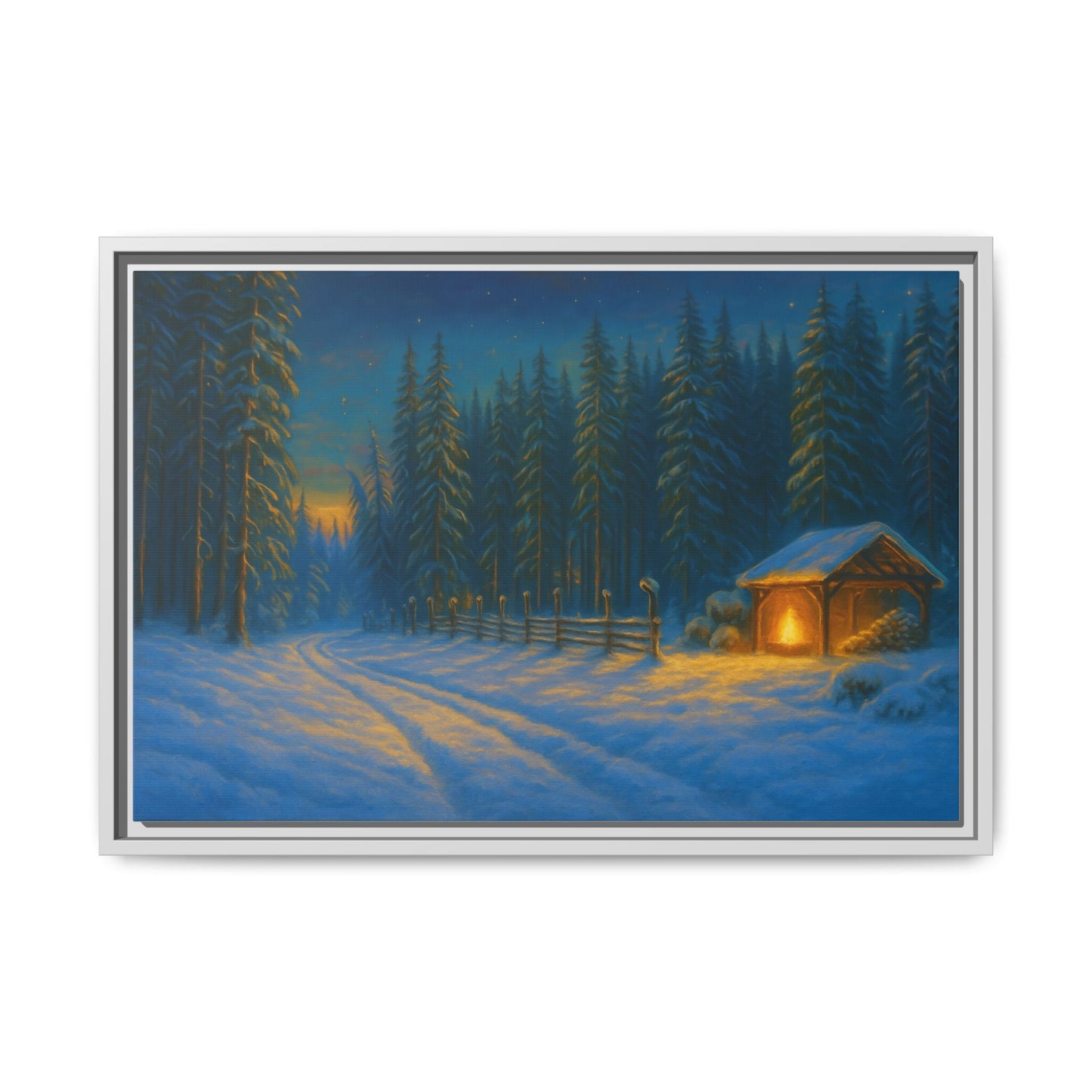 Framed Winter Landscape Canvas, Cozy Cabin Art, Christmas Decor, Winter Home Decor, Holiday Gift, Wall Art - TRV