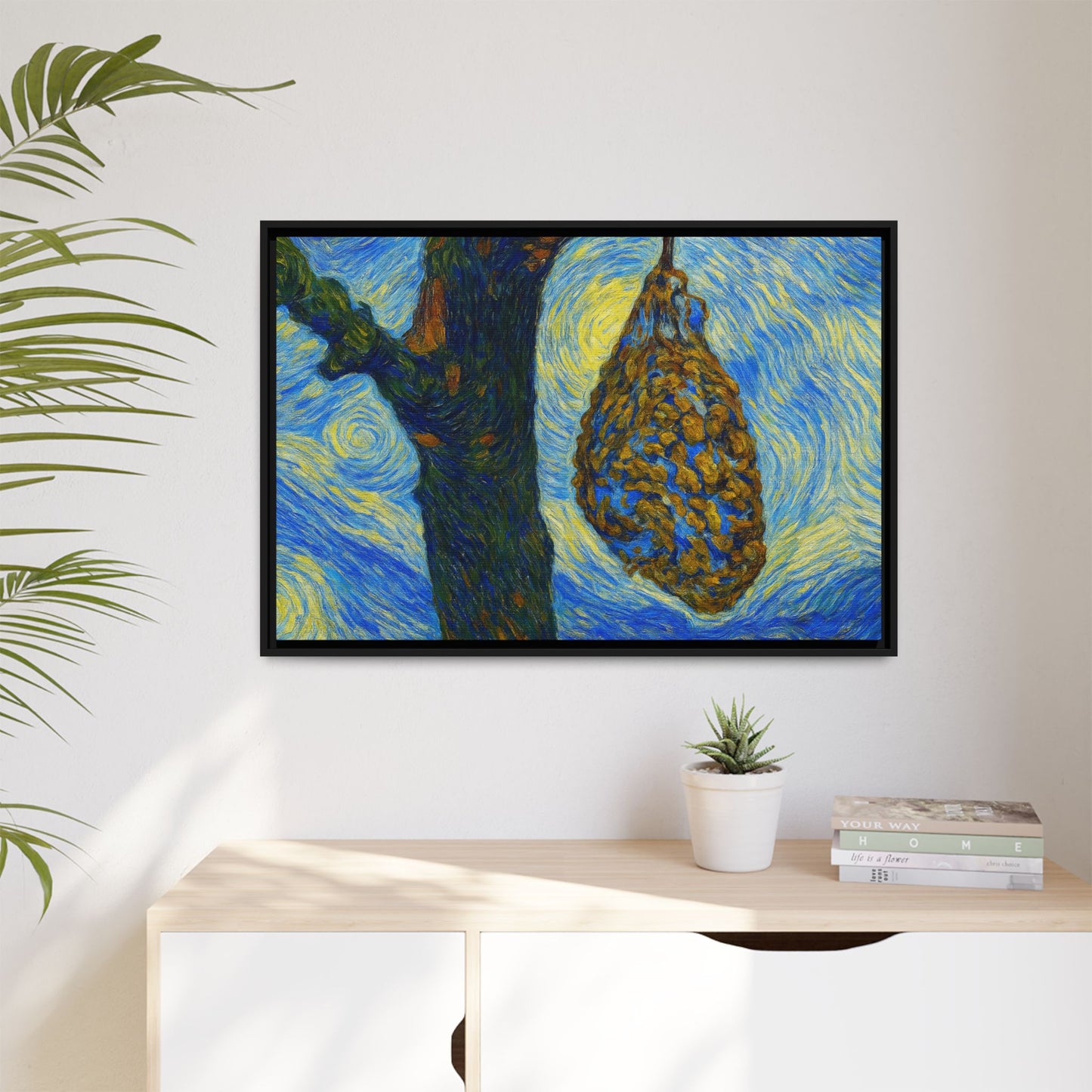 Framed Matte Canvas Art — Van Gogh-Style Swirling Night with Hanging Beehive