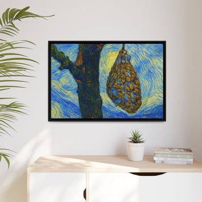 Framed Matte Canvas Art — Van Gogh-Style Swirling Night with Hanging Beehive