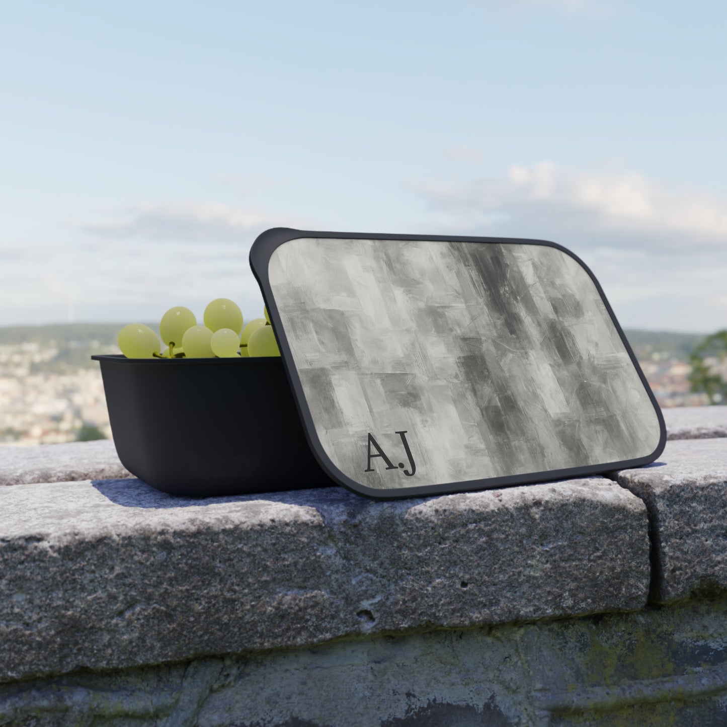 Gray Abstract Brushstroke Bento Box with Initials | PLA Lunchbox - TRV